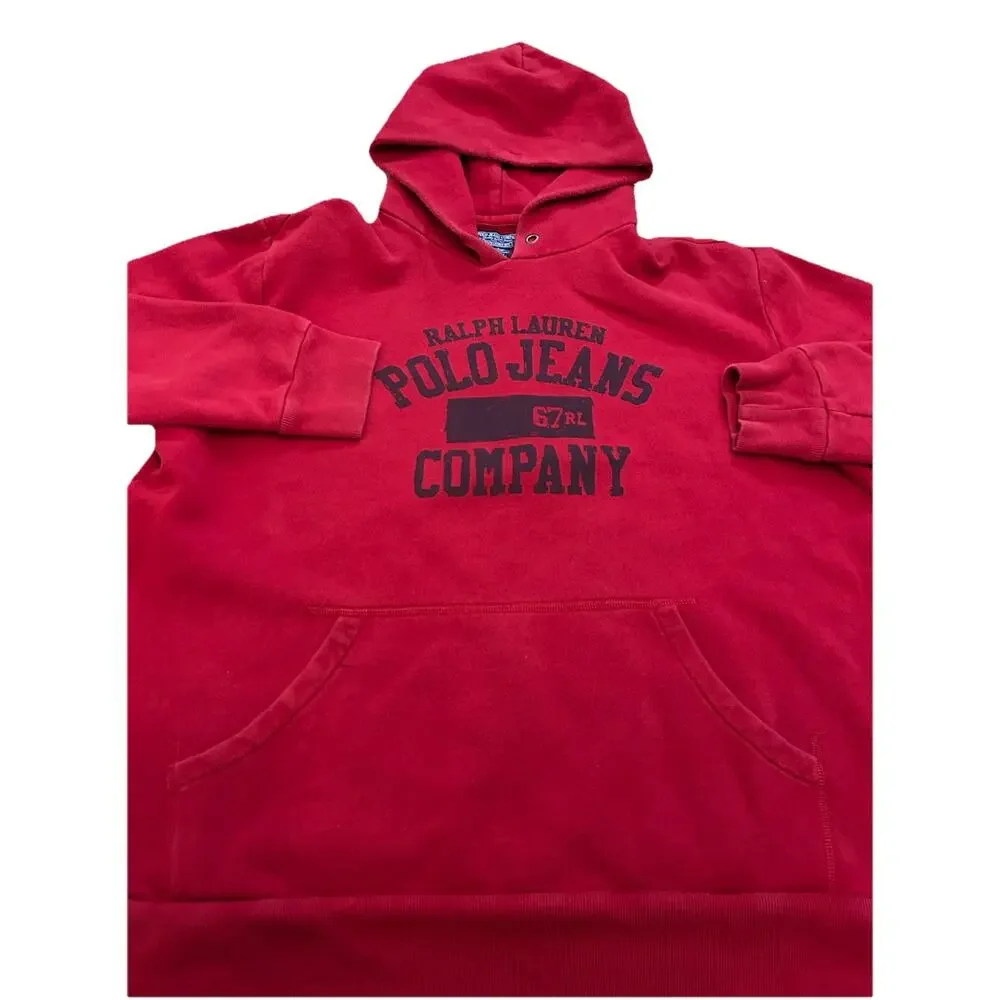 VTG RARE Polo Ralph Lauren Hoodie Sweatshirt Oversize Red DEADSTOCK 90s Label XL
